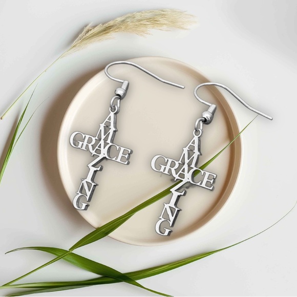 unbranded Jewelry - Silver Amazing Grace Cross Earrings, Stainless Steel